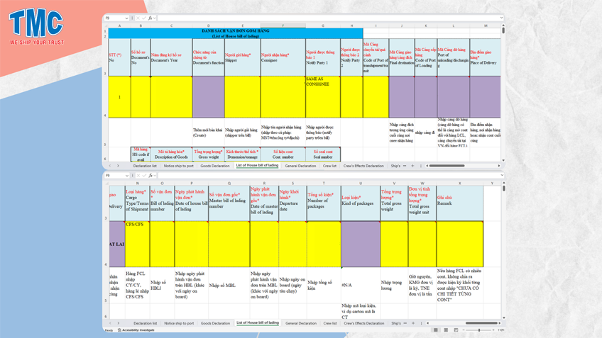 House bill of lading manifest